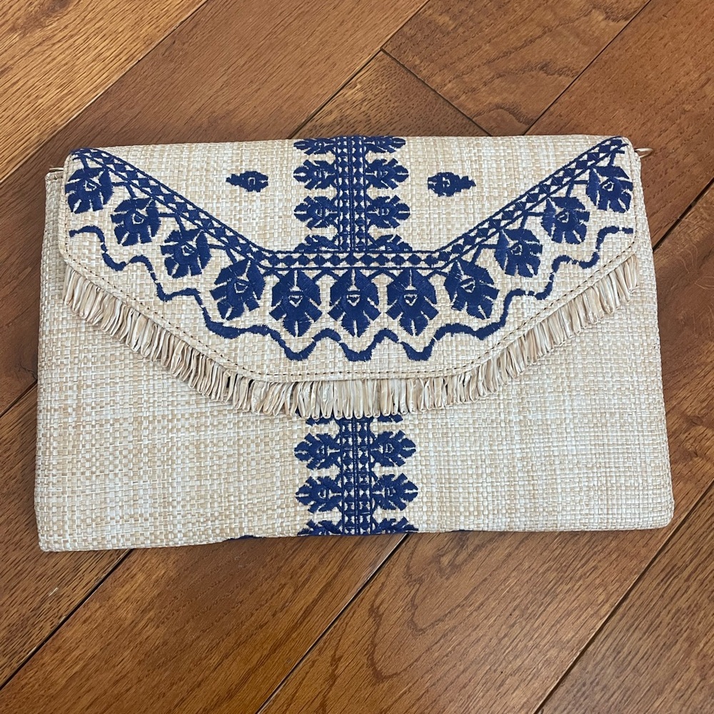 Beige and Blue Embroidered Clutch